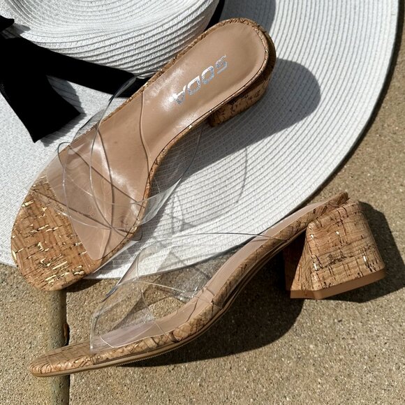 Soda Shoes - NEW🔥 Transparent Clear Open Toe Cork Low Block Heel Mules Sandals Slip Slide On